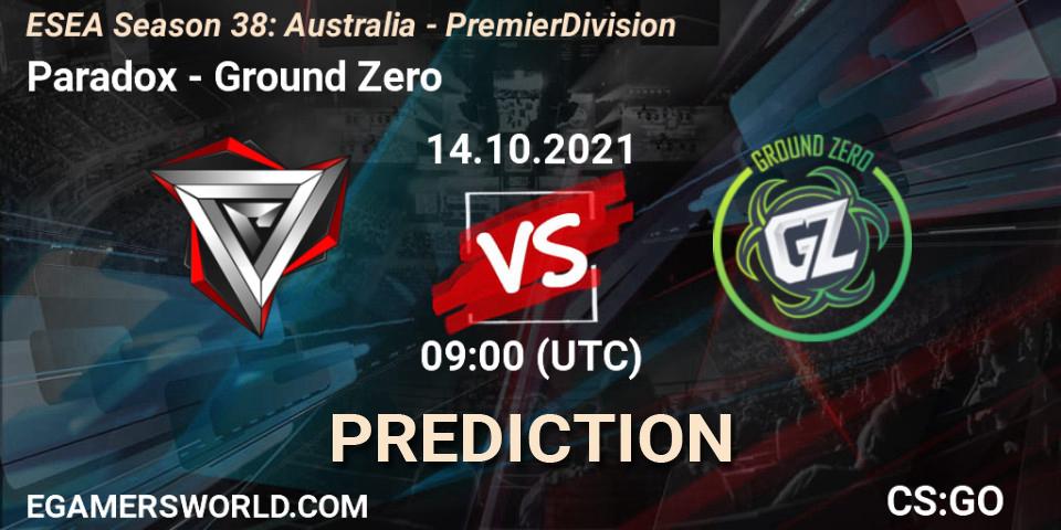 Pronóstico Paradox - Ground Zero. 14.10.2021 at 09:00, Counter-Strike (CS2), ESEA Season 38: Australia - Premier Division