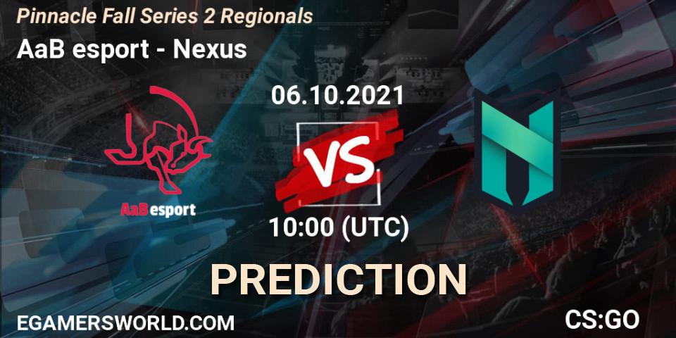 Pronóstico AaB esport - Nexus. 06.10.2021 at 10:05, Counter-Strike (CS2), Pinnacle Fall Series 2 Regionals