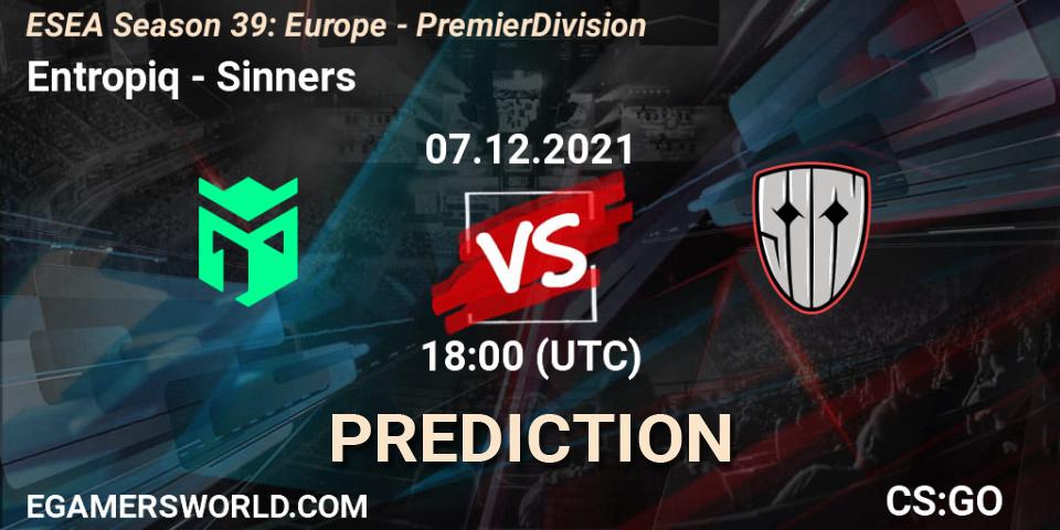 Pronóstico Entropiq - Sinners. 07.12.2021 at 18:00, Counter-Strike (CS2), ESEA Season 39: Europe - Premier Division