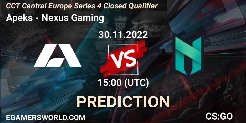 Pronóstico Apeks - Nexus Gaming. 30.11.22, CS2 (CS:GO), CCT Central Europe Series 4 Closed Qualifier