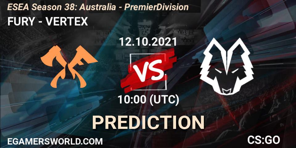 Pronóstico FURY - VERTEX. 12.10.2021 at 09:00, Counter-Strike (CS2), ESEA Season 38: Australia - Premier Division