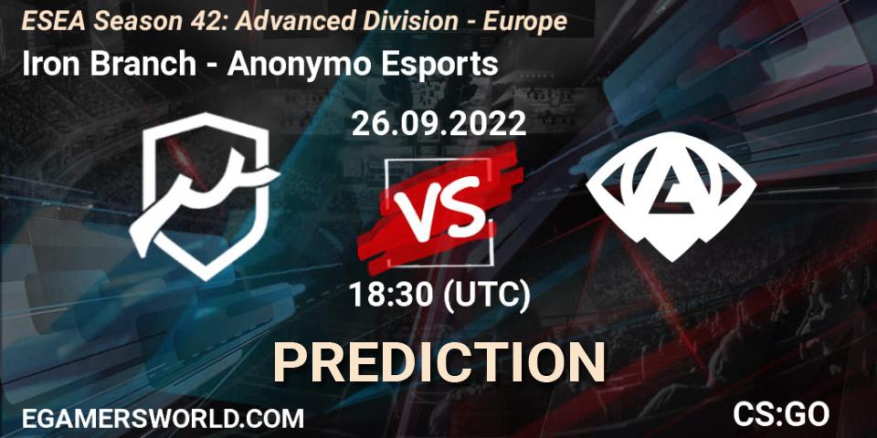 Pronóstico Iron Branch - Anonymo Esports. 27.09.2022 at 18:10, Counter-Strike (CS2), ESEA Season 42: Advanced Division - Europe