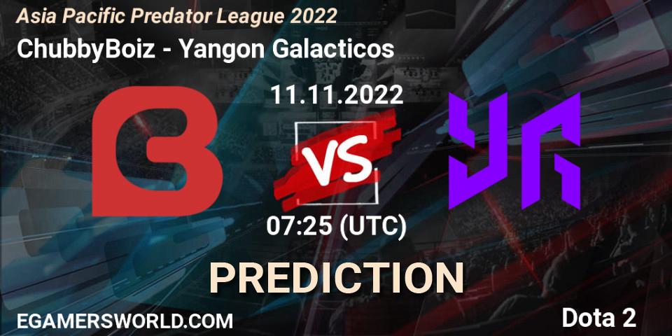 Pronóstico ChubbyBoiz - Yangon Galacticos. 11.11.2022 at 07:25, Dota 2, Asia Pacific Predator League 2022