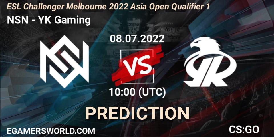 Pronóstico NSN - YK Gaming. 08.07.2022 at 10:00, Counter-Strike (CS2), ESL Challenger Melbourne 2022 Asia Open Qualifier 1