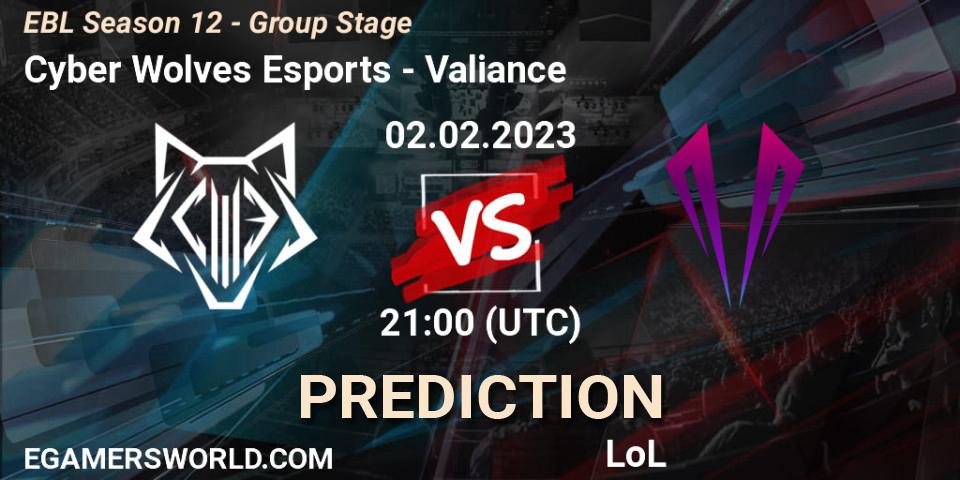 Pronóstico Cyber Wolves Esports - Valiance. 02.02.2023 at 21:15, LoL, EBL Season 12 - Group Stage