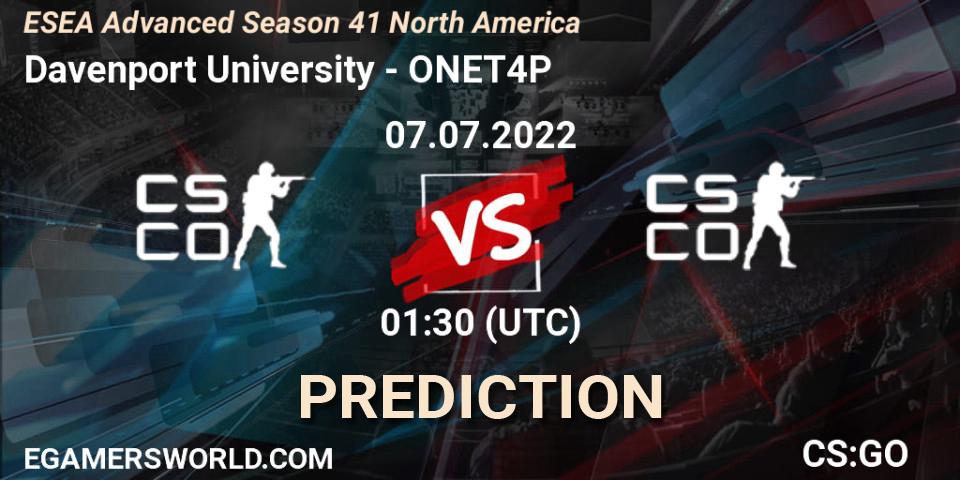 Pronóstico Davenport University - ONET4P. 07.07.2022 at 01:00, Counter-Strike (CS2), ESEA Advanced Season 41 North America