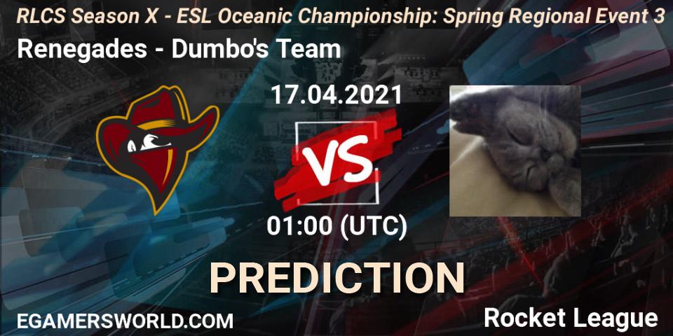 Pronóstico Renegades - Dumbo's Team. 17.04.2021 at 01:00, Rocket League, RLCS Season X - ESL Oceanic Championship: Spring Regional Event 3