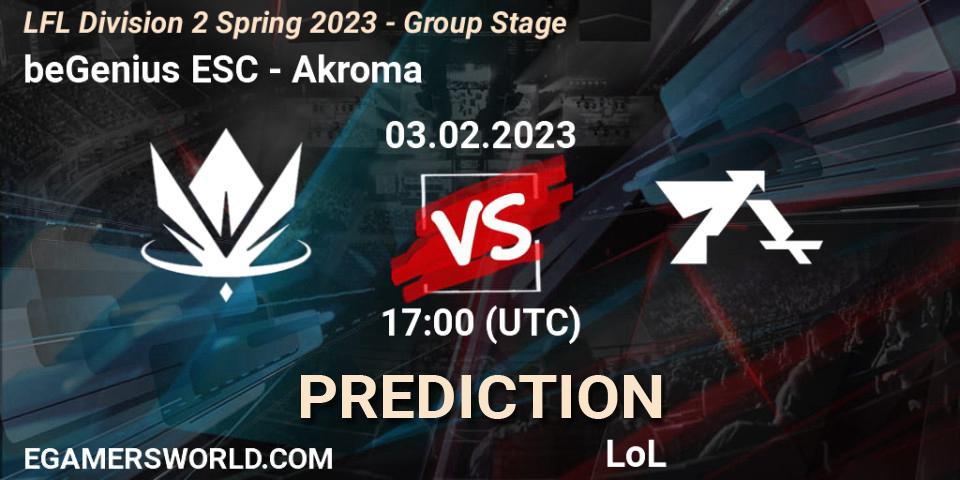 Pronóstico beGenius ESC - Akroma. 03.02.2023 at 17:00, LoL, LFL Division 2 Spring 2023 - Group Stage