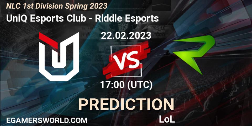 Pronóstico UniQ Esports Club - Riddle Esports. 22.02.2023 at 17:00, LoL, NLC 1st Division Spring 2023