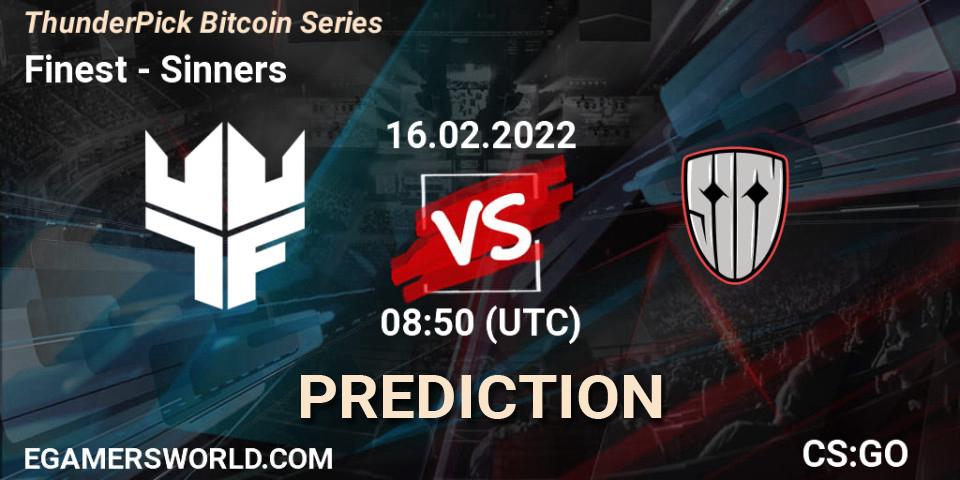 Pronóstico Finest - Sinners. 16.02.2022 at 08:50, Counter-Strike (CS2), ThunderPick Bitcoin Series