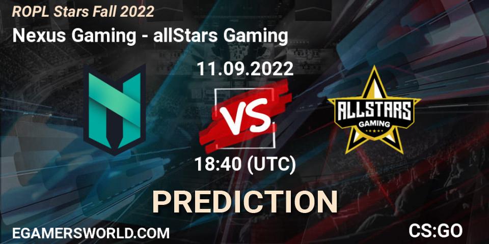 Pronóstico Nexus Gaming - allStars Gaming. 11.09.22, CS2 (CS:GO), ROPL Stars Fall 2022