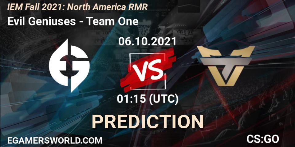 Pronóstico Evil Geniuses - Team One. 06.10.2021 at 01:20, Counter-Strike (CS2), IEM Fall 2021: North America RMR