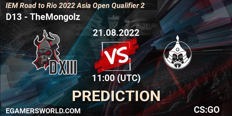 Pronóstico D13 - TheMongolz. 21.08.2022 at 11:00, Counter-Strike (CS2), IEM Road to Rio 2022 Asia Open Qualifier 2