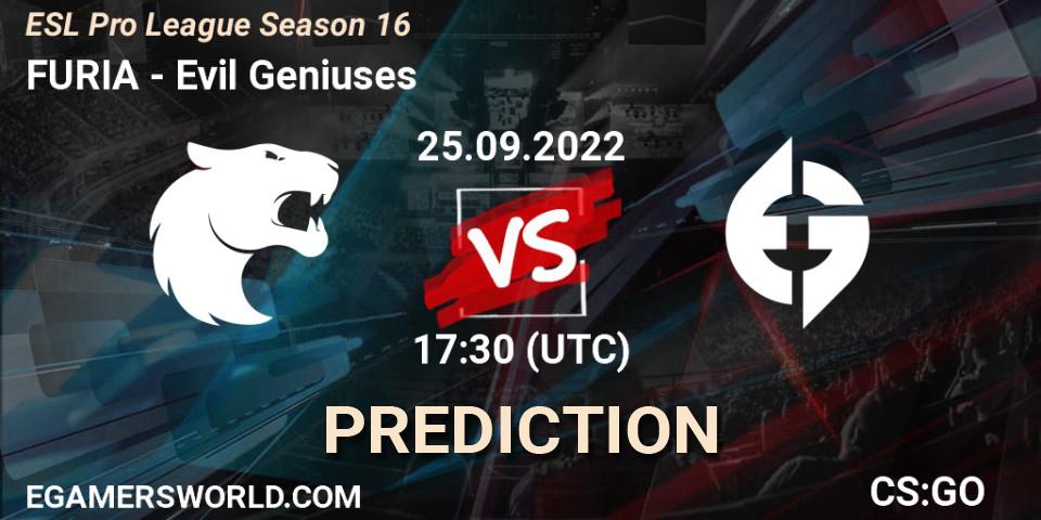 Pronóstico FURIA - Evil Geniuses. 25.09.2022 at 17:30, Counter-Strike (CS2), ESL Pro League Season 16