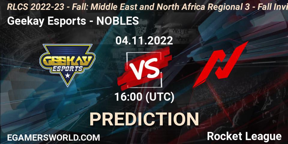 Pronóstico Geekay Esports - NOBLES. 04.11.2022 at 16:00, Rocket League, RLCS 2022-23 - Fall: Middle East and North Africa Regional 3 - Fall Invitational