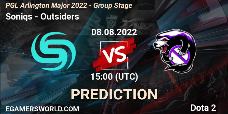 Pronóstico Soniqs - Outsiders. 08.08.2022 at 15:01, Dota 2, PGL Arlington Major 2022 - Group Stage