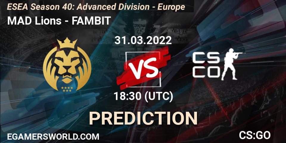 Pronóstico MAD Lions - FAMBIT. 31.03.2022 at 18:30, Counter-Strike (CS2), ESEA Season 40: Advanced Division - Europe