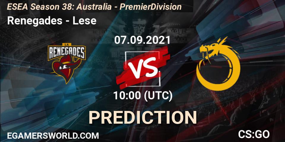 Pronóstico Renegades - Lese. 07.09.2021 at 10:00, Counter-Strike (CS2), ESEA Season 38: Australia - Premier Division