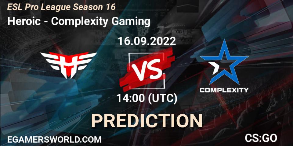 Pronóstico Heroic - Complexity Gaming. 16.09.2022 at 14:45, Counter-Strike (CS2), ESL Pro League Season 16