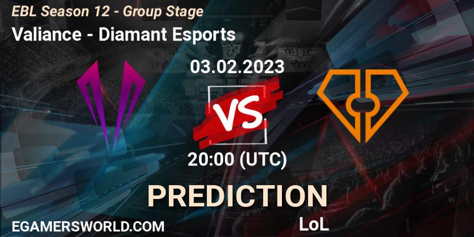 Pronóstico Valiance - Diamant Esports. 03.02.2023 at 20:00, LoL, EBL Season 12 - Group Stage