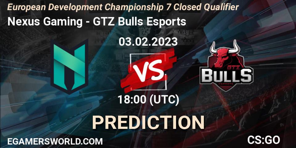 Pronóstico Nexus Gaming - GTZ Bulls Esports. 03.02.23, CS2 (CS:GO), European Development Championship 7 Closed Qualifier