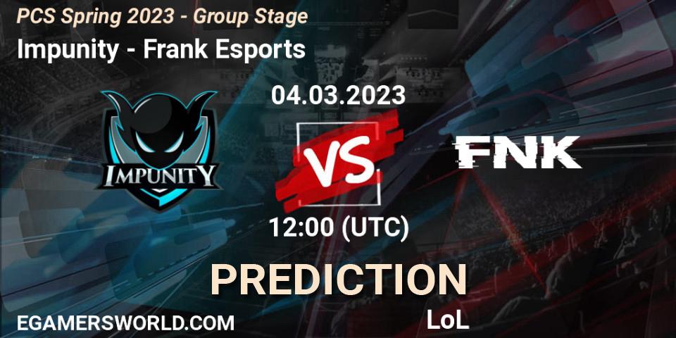 Pronóstico Impunity - Frank Esports. 11.02.2023 at 12:10, LoL, PCS Spring 2023 - Group Stage