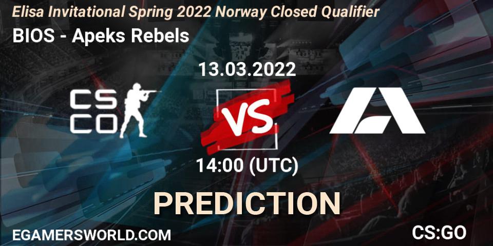 Pronóstico BIOS - Apeks Rebels. 13.03.2022 at 14:00, Counter-Strike (CS2), Elisa Invitational Spring 2022 Norway Closed Qualifier