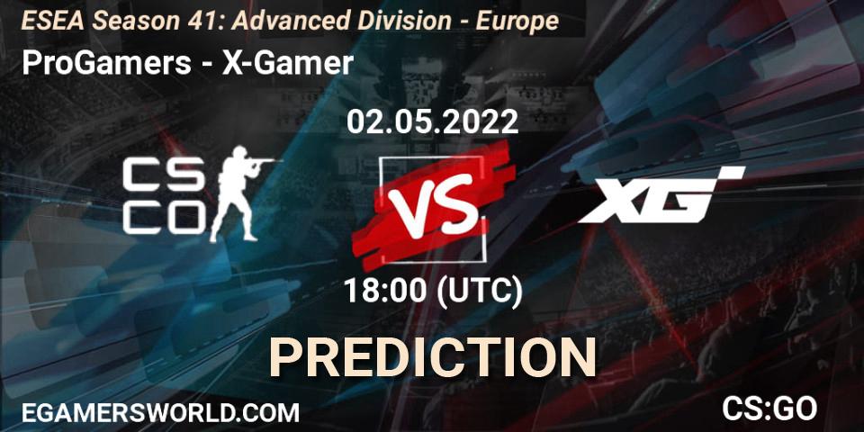 Pronóstico ProGamers - X-Gamer. 02.05.2022 at 18:00, Counter-Strike (CS2), ESEA Season 41: Advanced Division - Europe