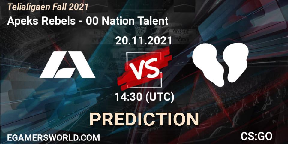 Pronóstico Apeks Rebels - 00 Nation Talent. 20.11.2021 at 14:30, Counter-Strike (CS2), Telialigaen Fall 2021