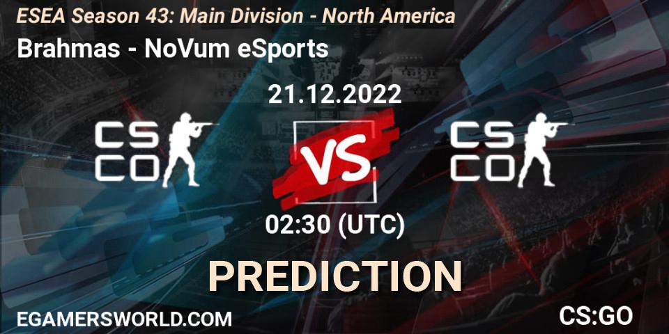 Pronóstico Brahmas - NoVum eSports. 21.12.2022 at 02:30, Counter-Strike (CS2), ESEA Season 43: Main Division - North America