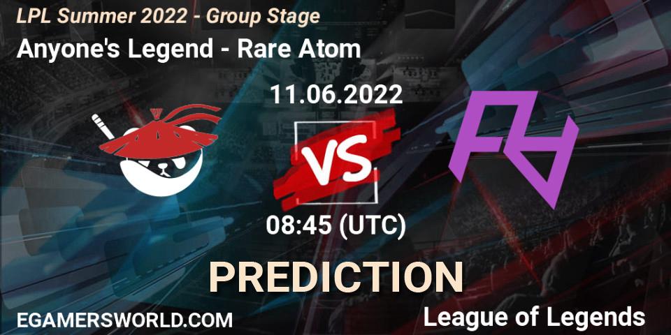 Pronóstico Anyone's Legend - Rare Atom. 11.06.2022 at 08:45, LoL, LPL Summer 2022 - Group Stage