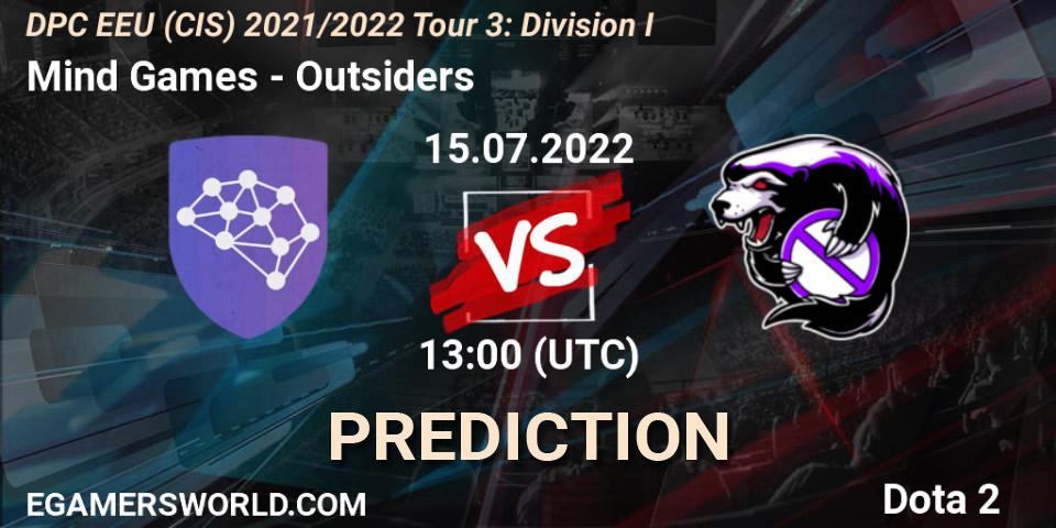 Pronóstico Mind Games - Outsiders. 15.07.2022 at 13:38, Dota 2, DPC EEU (CIS) 2021/2022 Tour 3: Division I