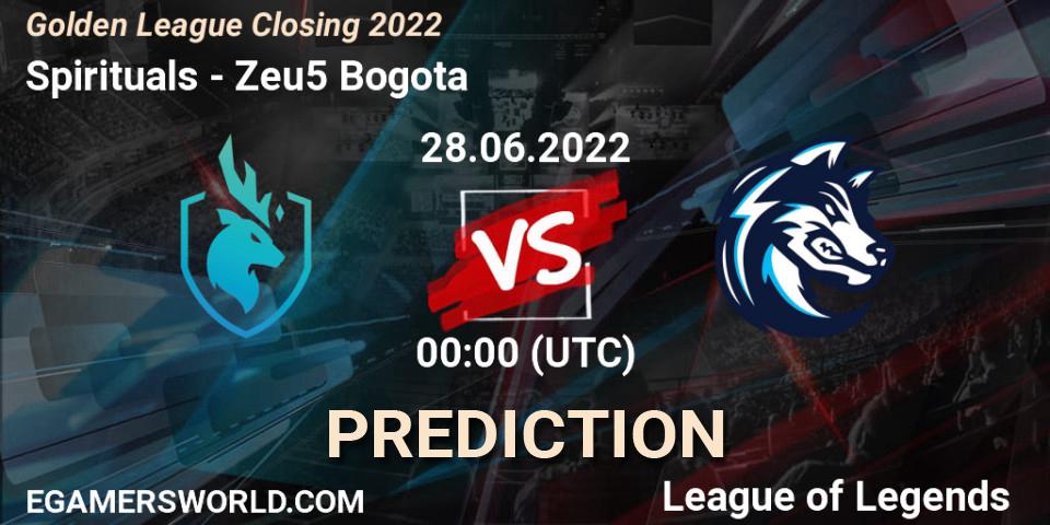Pronóstico Spirituals - Zeu5 Bogota. 28.06.2022 at 00:00, LoL, Golden League Closing 2022
