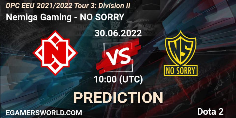 Pronóstico Nemiga Gaming - NO SORRY. 30.06.2022 at 10:00, Dota 2, DPC EEU 2021/2022 Tour 3: Division II