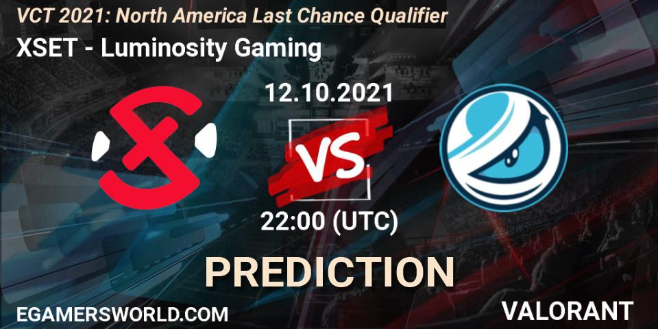 Pronóstico XSET - Luminosity Gaming. 12.10.2021 at 23:00, VALORANT, VCT 2021: North America Last Chance Qualifier