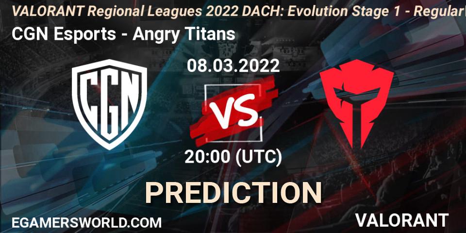 Pronóstico CGN Esports - Angry Titans. 08.03.2022 at 20:00, VALORANT, VALORANT Regional Leagues 2022 DACH: Evolution Stage 1 - Regular Season