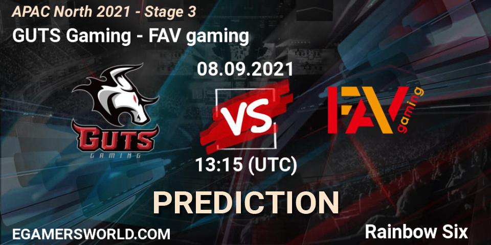 Pronóstico GUTS Gaming - FAV gaming. 08.09.2021 at 13:15, Rainbow Six, APAC North 2021 - Stage 3