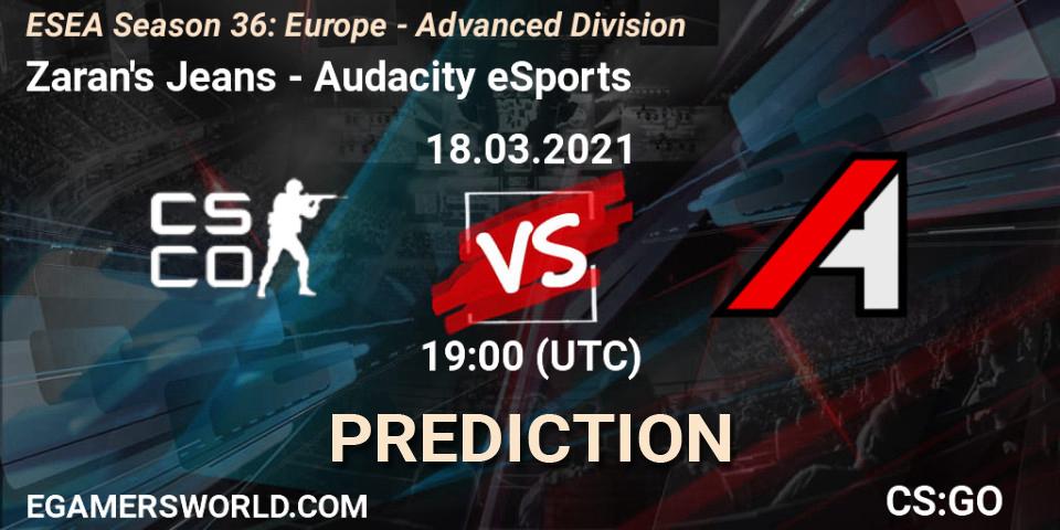 Pronóstico Zaran's Jeans - Audacity eSports. 18.03.2021 at 19:00, Counter-Strike (CS2), ESEA Season 36: Europe - Advanced Division