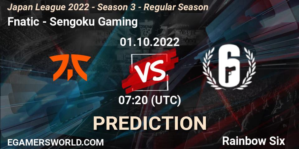 Pronóstico Fnatic - Sengoku Gaming. 01.10.2022 at 07:20, Rainbow Six, Japan League 2022 - Season 3 - Regular Season