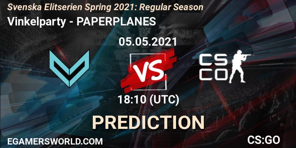 Pronóstico Vinkelparty - PAPERPLANES. 06.05.2021 at 18:10, Counter-Strike (CS2), Svenska Elitserien Spring 2021: Regular Season