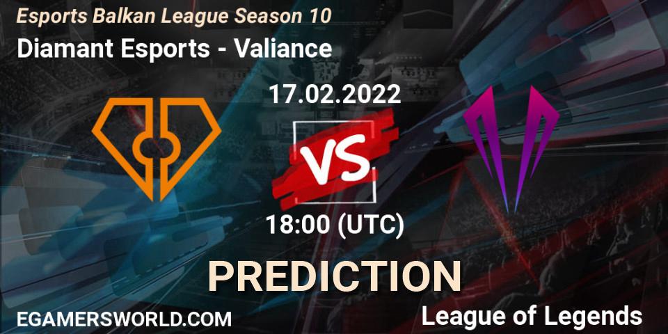 Pronóstico Diamant Esports - Valiance. 17.02.2022 at 18:00, LoL, Esports Balkan League Season 10