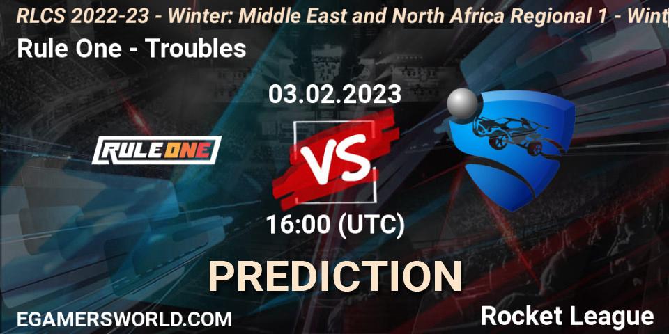 Pronóstico Rule One - Troubles. 03.02.2023 at 16:00, Rocket League, RLCS 2022-23 - Winter: Middle East and North Africa Regional 1 - Winter Open