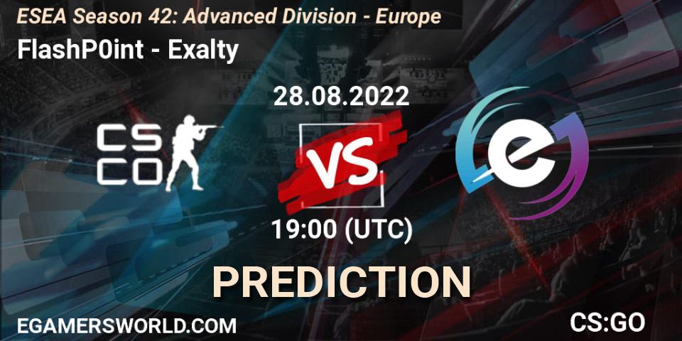 Pronóstico FlashP0int - Exalty. 28.08.2022 at 19:00, Counter-Strike (CS2), ESEA Season 42: Advanced Division - Europe