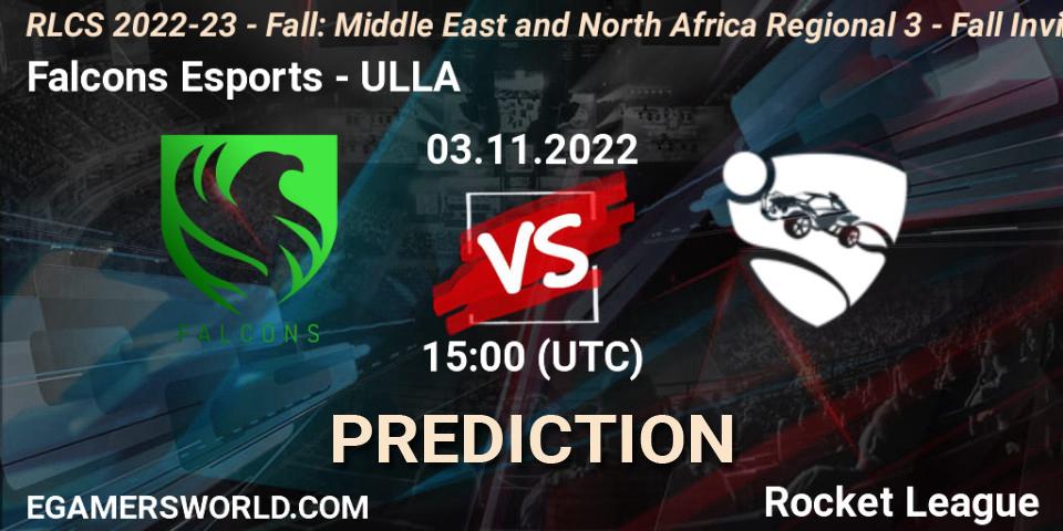 Pronóstico Falcons Esports - ULLA. 03.11.2022 at 15:00, Rocket League, RLCS 2022-23 - Fall: Middle East and North Africa Regional 3 - Fall Invitational