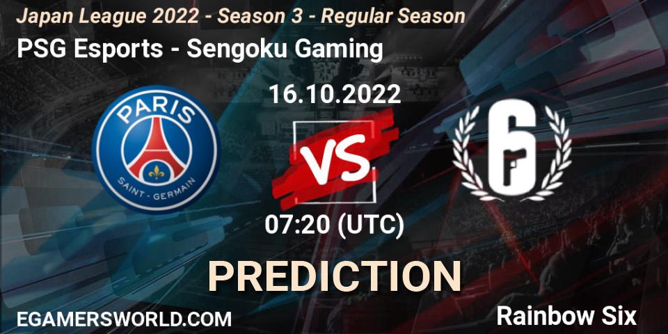 Pronóstico PSG Esports - Sengoku Gaming. 16.10.2022 at 07:20, Rainbow Six, Japan League 2022 - Season 3 - Regular Season