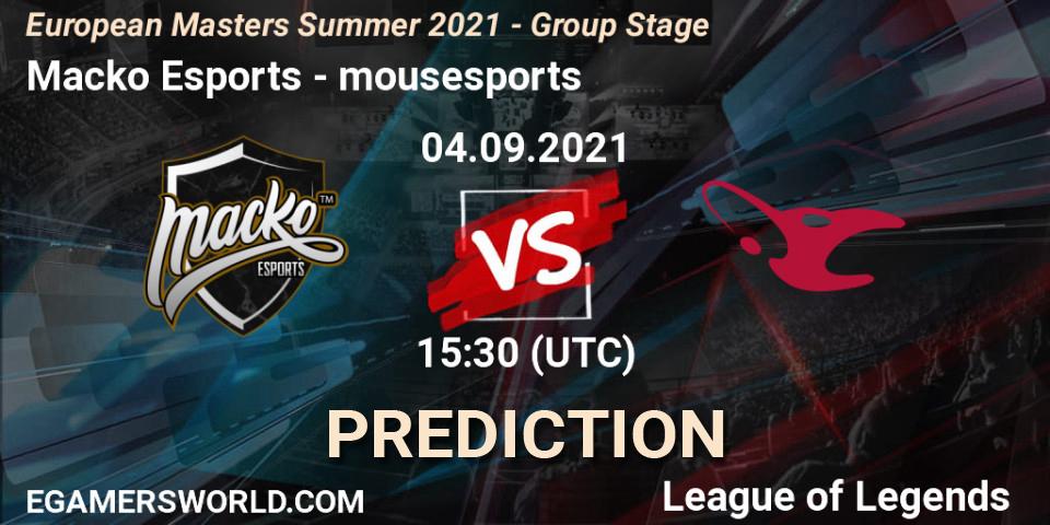 Pronóstico Macko Esports - mousesports. 04.09.21, LoL, European Masters Summer 2021 - Group Stage