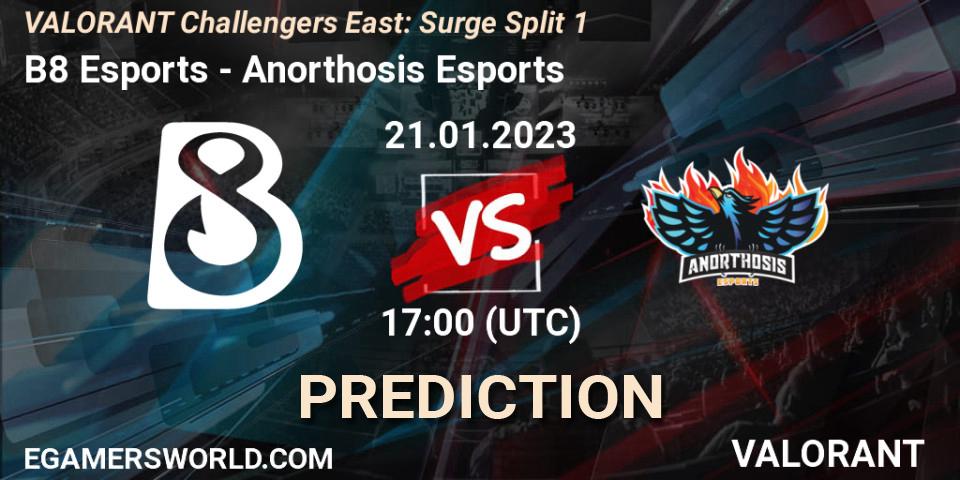 Pronóstico B8 Esports - Anorthosis Esports. 21.01.2023 at 17:15, VALORANT, VALORANT Challengers 2023 East: Surge Split 1