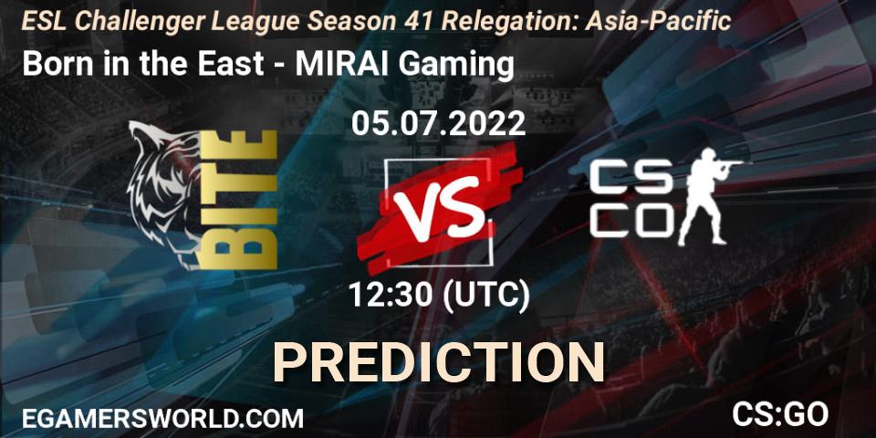 Pronóstico Born in the East - MIRAI Gaming. 05.07.2022 at 12:30, Counter-Strike (CS2), ESL Challenger League Season 41 Relegation: Asia-Pacific
