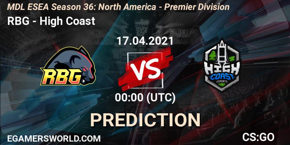 Pronóstico RBG - High Coast. 17.04.2021 at 00:00, Counter-Strike (CS2), MDL ESEA Season 36: North America - Premier Division
