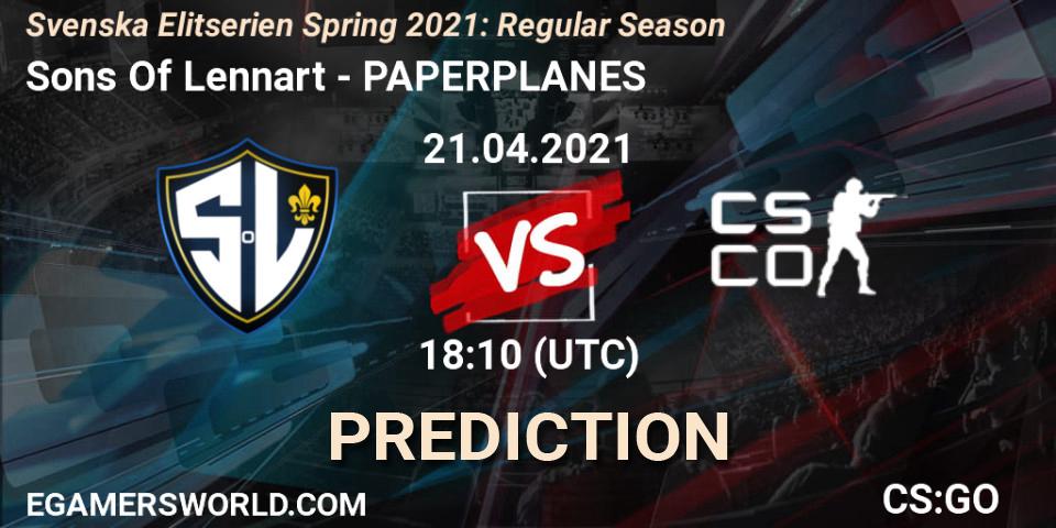 Pronóstico Sons Of Lennart - PAPERPLANES. 21.04.2021 at 18:10, Counter-Strike (CS2), Svenska Elitserien Spring 2021: Regular Season
